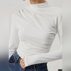 Women's White Ruched Mock Neck Long Sleeve Tee